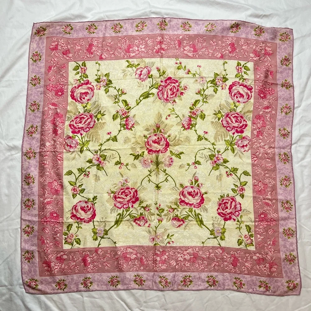 Vintage Christian Dior Floral Pink and Cream Scarf